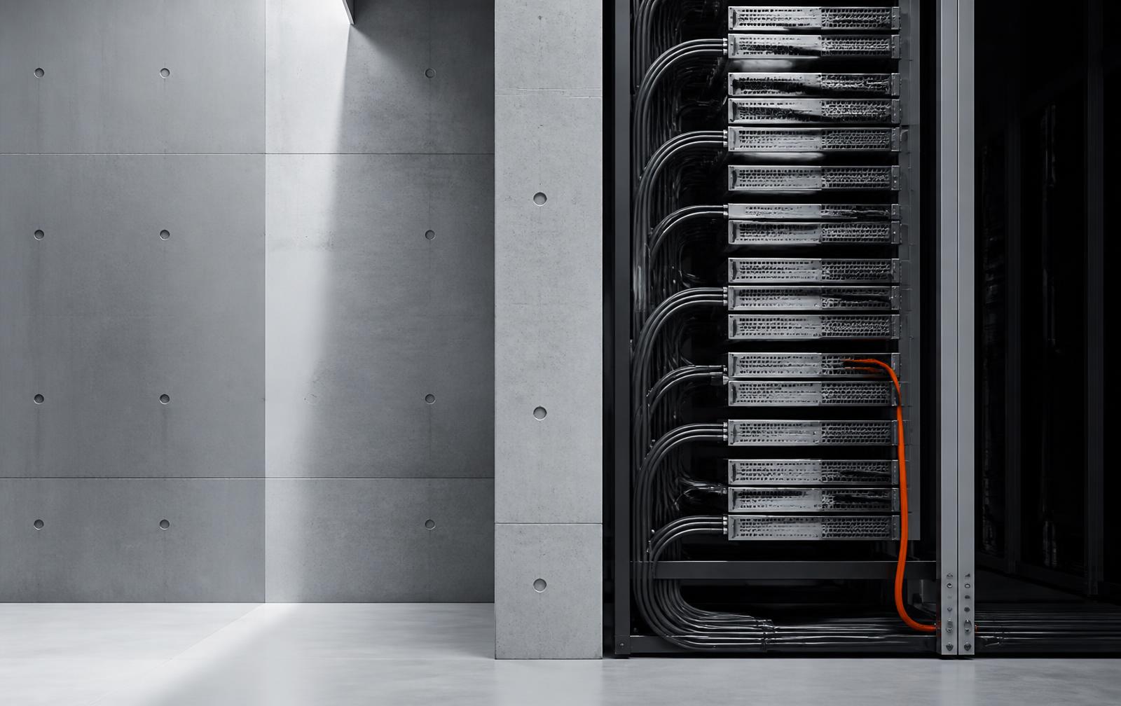 Server racks with structured cabling in a concrete data hall, one orange patch cable highlighted
